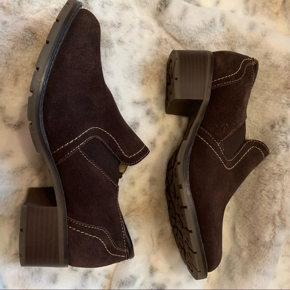 Sporto Annie Suede Ankle Boots Low Cut Booties Brown Interior Zip Chunky Heel
